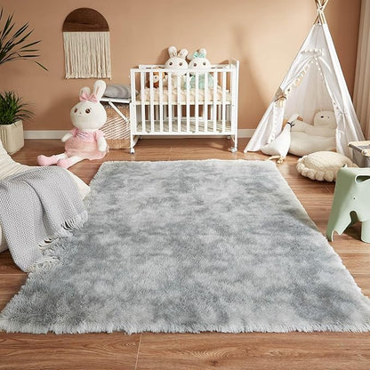 Floralux 4x6 Shag Rug, Tie-Dye Light Grey, Modern Fluffy Rugs for Bedroom, Soft Plush Carpet for Living Room, Nursery Kids Room, Home Dorm Decor Aesthetic, Area Rugs