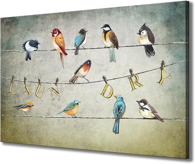 Biuteawal Laundry Room Canvas Wall Art Bird Picture Painting Prints Vintage Artwork Funny Laundry Sign Decor Home Bathroom Wall Decoration Gallery Wrap Ready to Hang