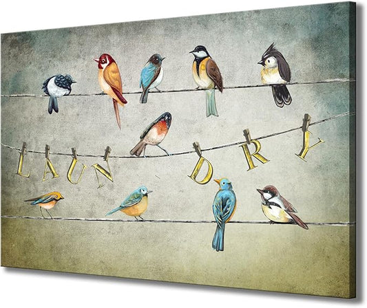 Biuteawal Laundry Room Canvas Wall Art Bird Picture Painting Prints Vintage Artwork Funny Laundry Sign Decor Home Bathroom Wall Decoration Gallery Wrap Ready to Hang