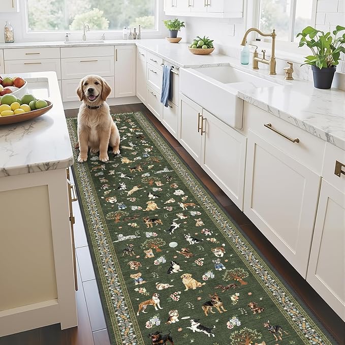 Dog Hallway Runner Dark Green Carpet Non-Slip, 2x10 Washable Rug Ultra-Thin Soft for Hallways, Kitchen Mat Stain Resistant for Entryway Bathroom