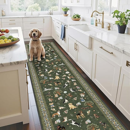 Dog Hallway Runner Dark Green Carpet Non-Slip, 2x10 Washable Rug Ultra-Thin Soft for Hallways, Kitchen Mat Stain Resistant for Entryway Bathroom