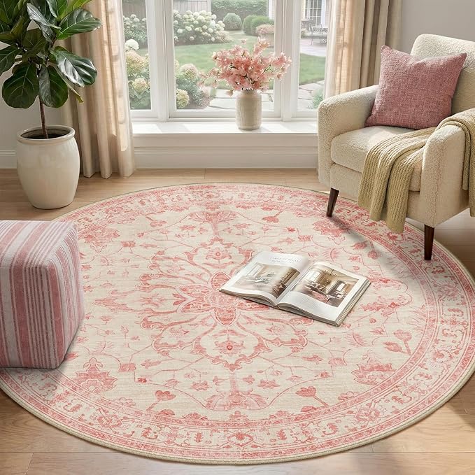 RELEANY Area Rugs Round 4ft Washable Non-Slip, Floral Vintage Distress Print Pattern Medallion Carpet for Living Room Bedroom Dining Room, Pink Light Vintage Pink
