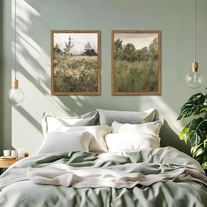 Vintage Landscape Wall Art Set of 2, Green Natural Wilderness Farmhouse Canvas Wall Decor Paintings, Retro Country Wildflower Oil Pictures Posters Prints for Living Room Bedroom 12x16 Inch Wood Framed
