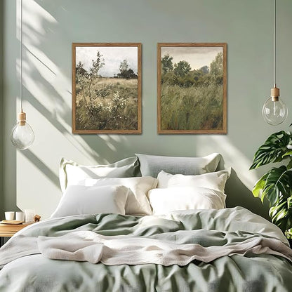 Vintage Landscape Wall Art Set of 2, Green Natural Wilderness Farmhouse Canvas Wall Decor Paintings, Retro Country Wildflower Oil Pictures Posters Prints for Living Room Bedroom 16x24 Inch Wood Framed