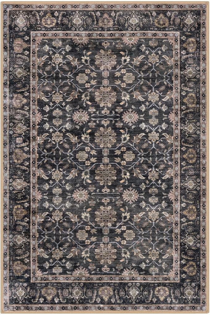 KUTA Vintage Area Rug 4x6 Washable Rug Brown Traditional Floor Cover Foldable Ultra Thin Soft Retro Accent Indoor Distressed Non Slip Carpet Floral Print Mat Bedroom Living Room Dorm Office