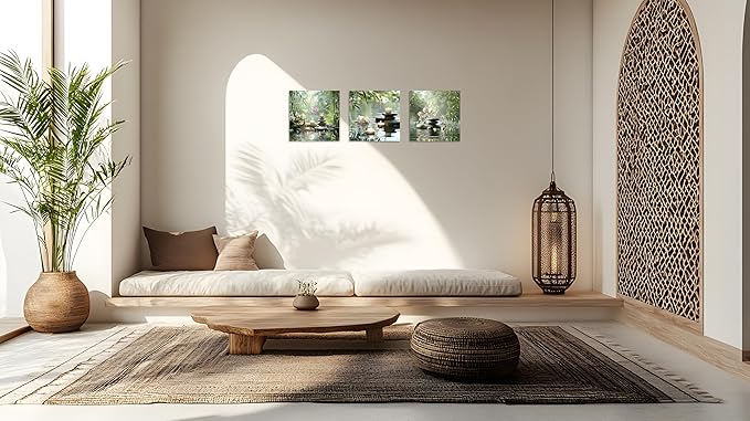 TutuBeer 3 Pcs Zen Wall Art Zen Pictures for Bathroom Spa Still Life Spa Stone Green Bamboo White Orchid on Water Pictures Print on Canvas for Home Office Wall Decor Stretched and Framed 16x16inchx3