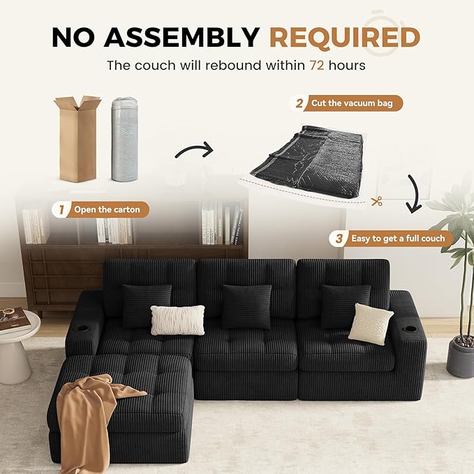 112" L Shaped Cloud Boneless Couch,Modern Modular Sectional Sofa with Layered Cushion,No Assembly Convertible Corduroy Couches for Living Room,Black 1 PCS