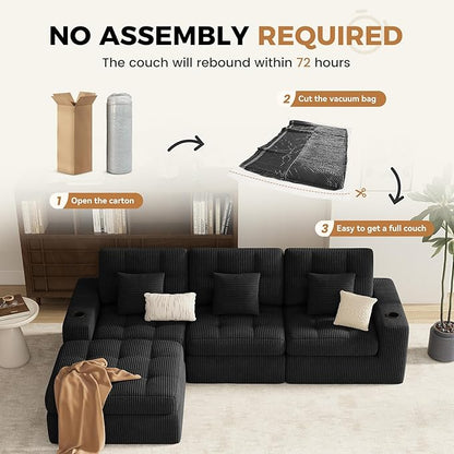 112" L Shaped Cloud Boneless Couch,Modern Modular Sectional Sofa with Layered Cushion,No Assembly Convertible Corduroy Couches for Living Room,Black 1 PCS