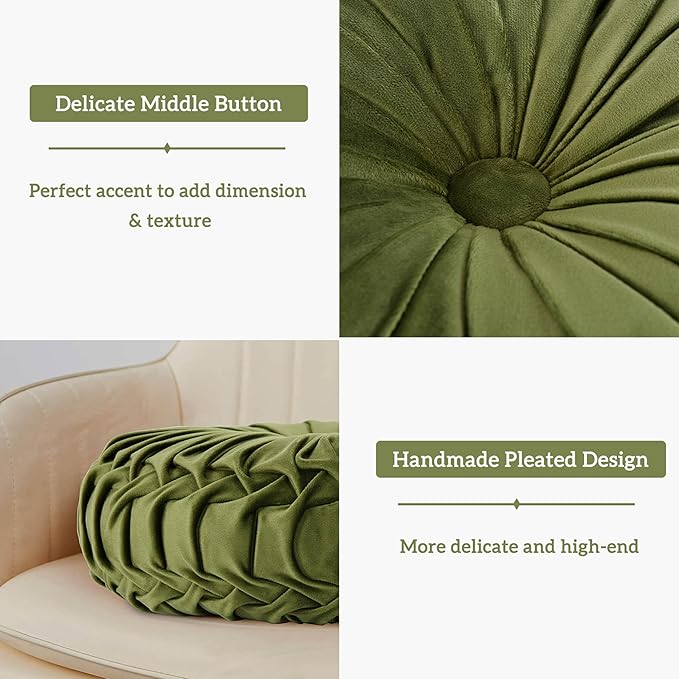 HIG Set of 2 Decorative Round Pleated Throw Pillows, Classy Accent Pumpkin Throw Pillows with Center Button, Vintage Velvet Floor Pillows for Sofa Couch Vanity Chair Bed, Olive, 14.5" Diameter(Ripple)