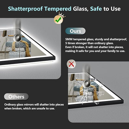 30x36 Black Framed LED Bathroom Mirror with Lights, Backlit and Front Lit Anti-Fog Lighted Vanity Mirrors for Bathroom Wall, Dimmable, 3 Colors, Memory, HD Tempered Glass, Horizontal/Vertical
