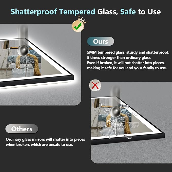 36x36 Black Framed LED Bathroom Mirror with Lights, Backlit and Front Lit Anti-Fog Lighted Vanity Mirrors for Bathroom Wall, Dimmable, 3 Colors, Memory, HD Tempered Glass, Horizontal/Vertical