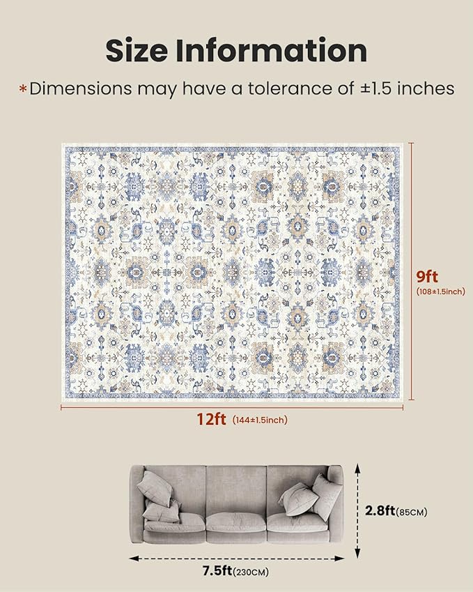 AMADA HOMEFURNISHING 9x12 Washable Area Rug, Low-Profile Large Area Rug with Non-Slip Backing & Durable Edge Binding, Vintage Large Rugs for Living Room, Bedroom & Dining Room