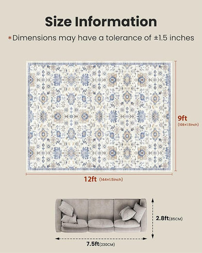 AMADA HOMEFURNISHING 9x12 Washable Area Rug, Low-Profile Large Area Rug with Non-Slip Backing & Durable Edge Binding, Vintage Large Rugs for Living Room, Bedroom & Dining Room