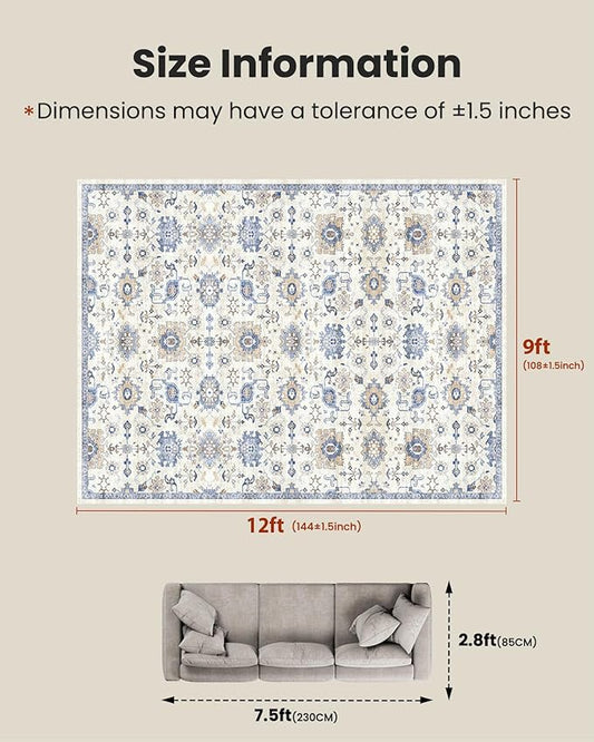 AMADA HOMEFURNISHING 9x12 Washable Area Rug, Low-Profile Large Area Rug with Non-Slip Backing & Durable Edge Binding, Vintage Large Rugs for Living Room, Bedroom & Dining Room