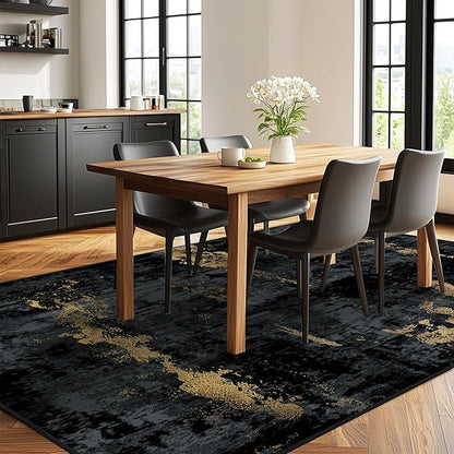 RELEANY Washable Area Rugs 6'x8' Non-Slip Modern Abstract Soft for Living Room Entryway Bedroom Nursery, Print Pattern, Dark Black Gold