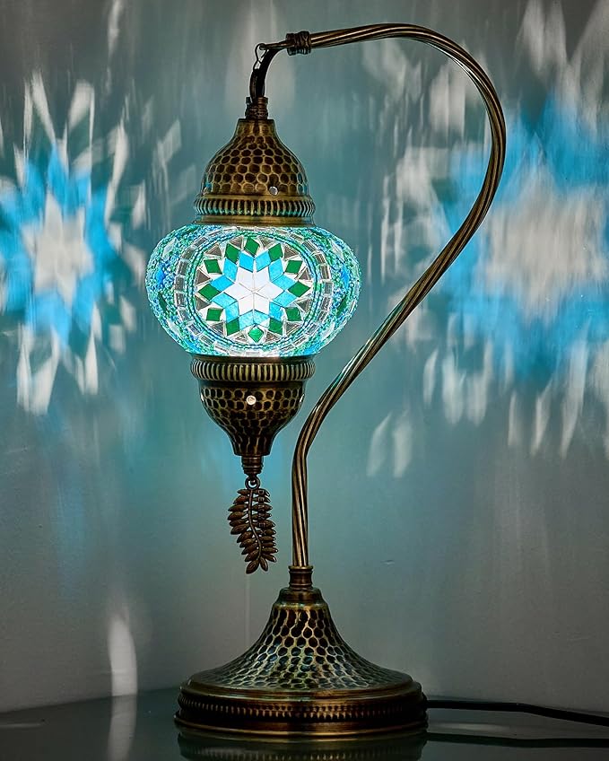 DEMMEX Turkish Moroccan Table Lamp, Swan Neck Tiffany Style Mosaic Glass Table Desk Bedside Lamp for Bedroom, Living Room – Handcrafted in Turkey, Teal