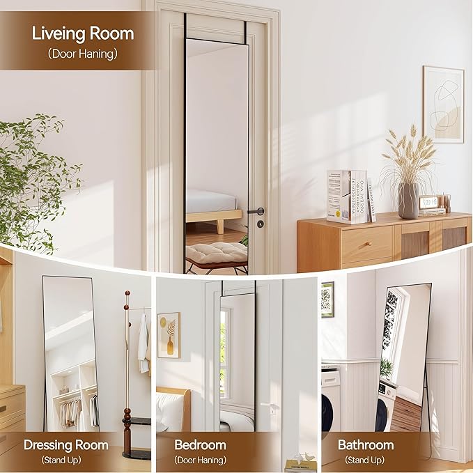 NARCISSUS 57x16 Mirror Door Hanging Full Length Body with Floor Stand or Wall Mounted Metal Aluminum Frame Tempered Glass Rectangle Mirrors for Bedroom Dressing Living Room Bathroom 57 inch Black