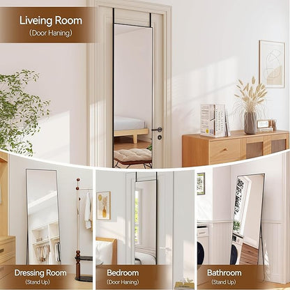 NARCISSUS 57x16 Mirror Door Hanging Full Length Body with Floor Stand or Wall Mounted Metal Aluminum Frame Tempered Glass Rectangle Mirrors for Bedroom Dressing Living Room Bathroom 57 inch Black
