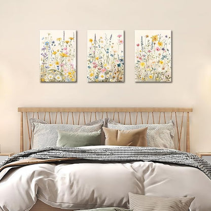 WENGTIAO 3Pcs Framed Colorful Wildflower Canvas Wall Art, Yellow Watercolors Flowers Wall Pictures Floral Canvas Prints Wall Decor Paintings for Living Room Girls Bedroom Ready to Hang 12"x16"x3