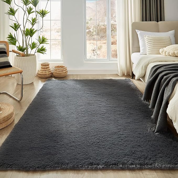 Floralux Bedroom Rugs 6x9, Dark Grey Shag Area Rug, Ultra Soft Fluffy Furry Carpet for Bedroom, Non-Slip Indoor Floor Carpets for Kids Boys Girls Dorm, Nursery, Home Decor Aesthetic