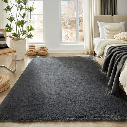 Floralux Bedroom Rugs 6x9, Dark Grey Shag Area Rug, Ultra Soft Fluffy Furry Carpet for Bedroom, Non-Slip Indoor Floor Carpets for Kids Boys Girls Dorm, Nursery, Home Decor Aesthetic