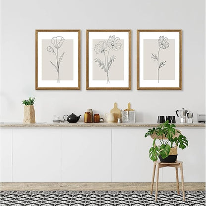 ICHZUMW Neutral Botanical Floral Wall Art, Black and White Farmhouse Flowers Wall Decor, Modern Minimalist Line Art Canvas Prints, Beige Artwork, Living Room Bedroom Home Office, Set of 3, 12x16in