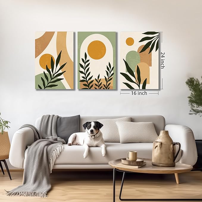 Boho Sun Canvas Wall Art Set of 3, Neutral Abstract Minimalismt Bohemian Geometric & Botanical Plants Pictures Prints Artwork Paintings Wall Decor for Bedroom Living Room Home Decoration 16x24 inches