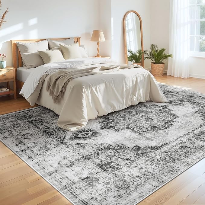 Area Rug 9x12 Vintage Rugs: Large Washable Indoor Medallion Rug Low Pile Distressed Floor Carpet Retro Accent Rugs for Living Room Bedroom Kitchen Dining Table Home Office(Black, 9'x12')