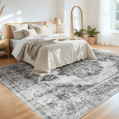 Area Rug 9x12 Vintage Rugs: Large Washable Indoor Medallion Rug Low Pile Distressed Floor Carpet Retro Accent Rugs for Living Room Bedroom Kitchen Dining Table Home Office(Black, 9'x12')