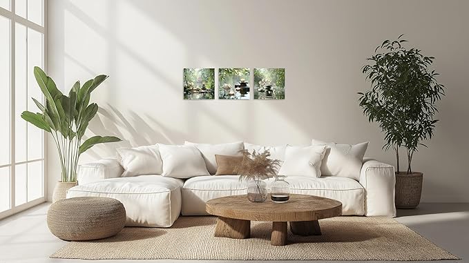 TutuBeer 3 Pcs Zen Wall Art Zen Pictures for Bathroom Spa Still Life Spa Stone Green Bamboo White Orchid on Water Pictures Print on Canvas for Home Office Wall Decor Stretched and Framed 16x16inchx3