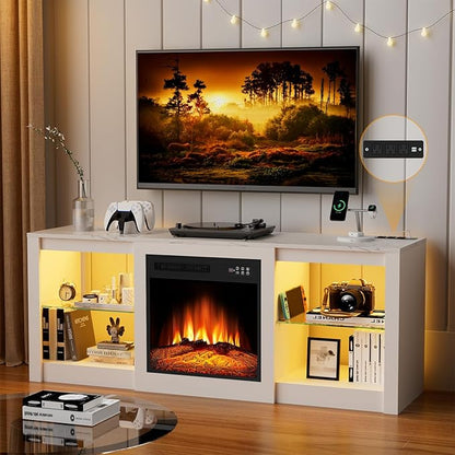 Kucreiheat 58 inch TV Stand with Fireplace-Entertainment Center with LED & Outlet for 65 inch TV-White Media Console with Adjustable Glass Shelves, Modern TV Table for Living Room/Bedroom