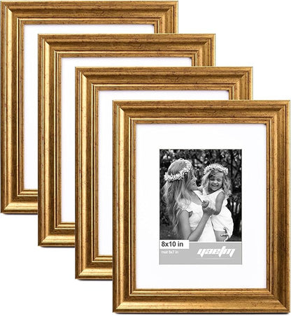 Yaetm 8x10 Picture Frame Matted to 5x7 Set of 4, 1.4” Wide Molding & Rustic Gold Photo Frames 8 x 10 with Tempered Glass, Display on Tabletop & Wall Mounting (4 pack, Gold)