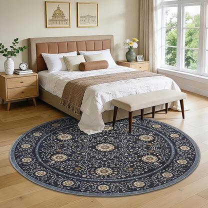 GarveeHome Boho Round Rugs 6ft for Living Room Non Slip, Vintage Botanical Circle Rug Washable Area Rug for Dining Room Stain Resistant, Low Pile Soft Blue Circular Carpet for Nursery Kitchen