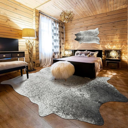 Washable Cowhide Rug for Living Room, Large 6x7 Grey Speckled Faux Cow Print Area Rugs, Non Slip Animal Skin Bedroom Carpet, Rustic Cabin Modern Farmhouse Home Decor Fake Hide Floor Mat