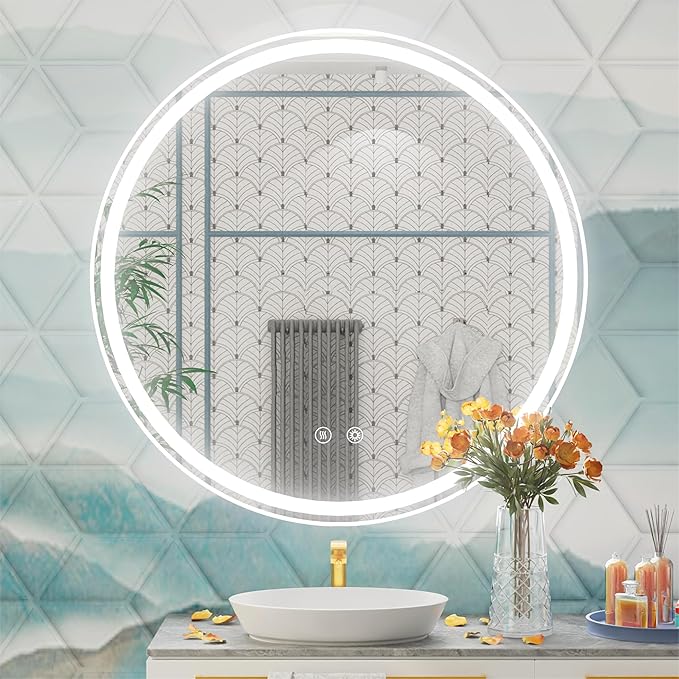 30 Inch Round LED Mirror for Bathroom, Front Light & Backlit, Adjustable Brightness, Anti-Fog, Memory, CRI 90+, Frameless Round Vanity Mirror with Lights