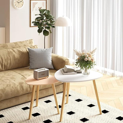 BAMEOS Bamboo Nesting Triangle End Table,Set of 2 SideTable Modern Minimalist Coffee Table for Living Room (White & Pink)