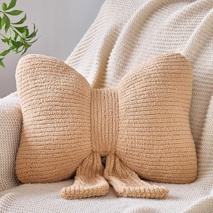 Bow Pillow, Decorative Throw Pillows with Soft Plush, Bow Throw Pillow for Couch Bed, Home Decor Bow Shaped Pillow for Bedroom Living Room (Khaki, 12 Inches)