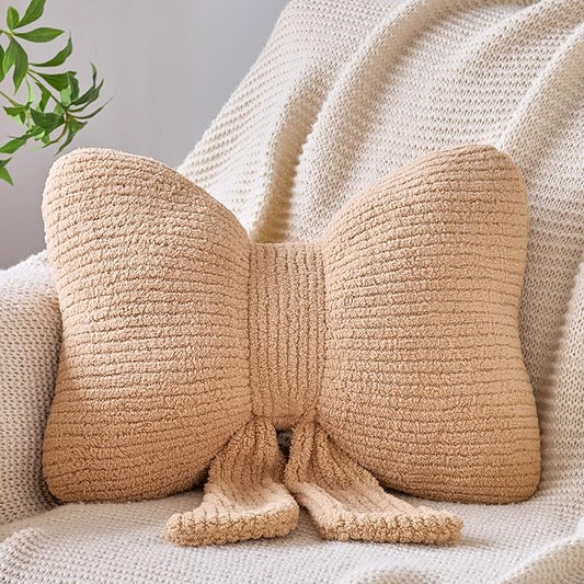 Bow Pillow, Decorative Throw Pillows with Soft Plush, Bow Throw Pillow for Couch Bed, Home Decor Bow Shaped Pillow for Bedroom Living Room (Khaki, 12 Inches)