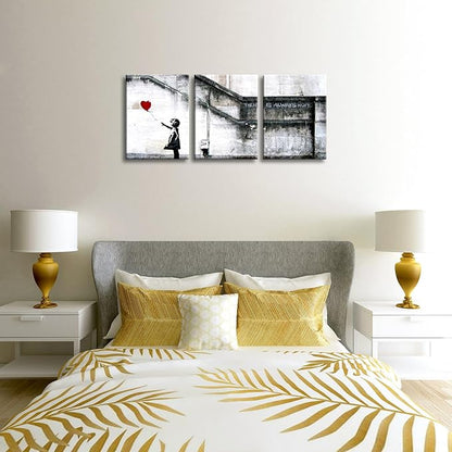 Wieco Art Banksy Grafitti Girl with Red Balloon Modern 3 Piece Famous Canvas Paintings Wall Art Inspirational Grey Love Pictures Print Artwork for Dining Room Kitchen Home Office Decor