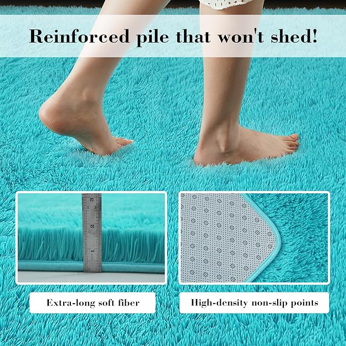 yongyangjuxin Teal Blue Rug Fluffy Rug, 10x14 Teal Area Rugs for Living Room, Soft Cute Baby Play Mat, Teal Rugs for Bedroom, Nursery, Preppy Dorm, Plush Aesthetic