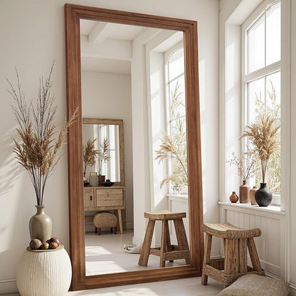 Full Length Mirror, 81"x41" Wooden Mirror Full Length with Stand Wood Floor Mirror, Oversized Stand Up Mirrors Large Wall Mirrors, Wall Mounted Mirrors, Rect Wood Style, Brown