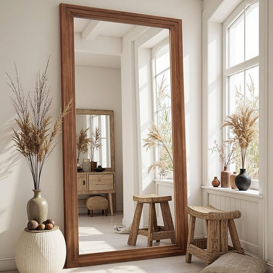 Full Length Mirror, 81"x41" Wooden Mirror Full Length with Stand Wood Floor Mirror, Oversized Stand Up Mirrors Large Wall Mirrors, Wall Mounted Mirrors, Rect Wood Style, Brown