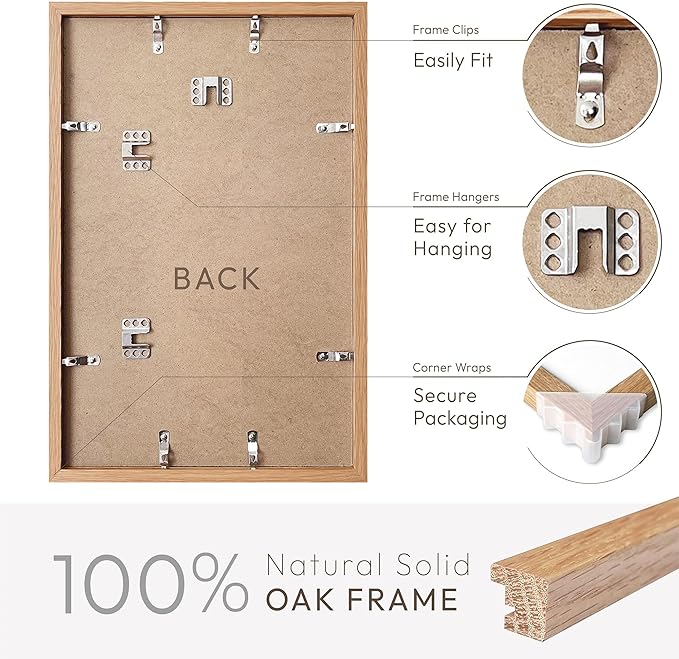 11x17 Oak Picture Frame, Solid Oak 11x17 Poster Frame with Mat to 8x12(Openning Size is 7.5x11.5), Natural Wood 17x11 Frames for Wall, Set of 3