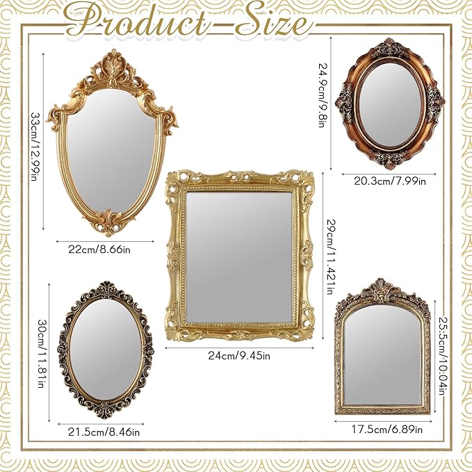 Wonderjune 5 Pcs Vintage Mirrors for Wall Decor Gold Antique Resin Frame Oval Rectangle Mirror for Home Decor Photography Props Gifts (Ornate Style)