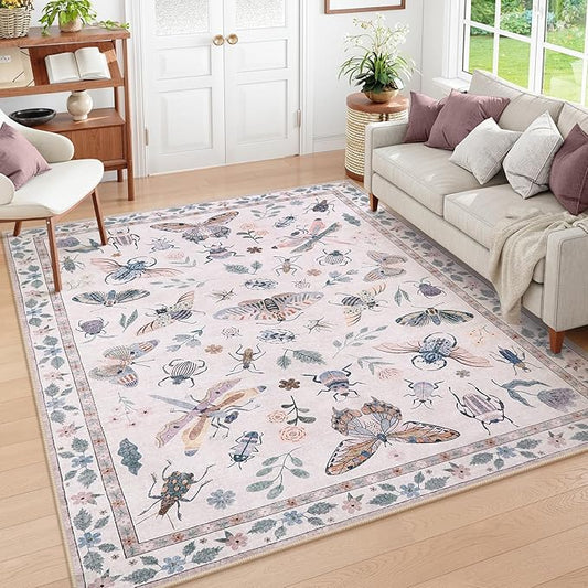 Lahome Insect Print Washable Rugs for Living Room, Soft 6x9 Pink Rug for Bedroom Ultra-Thin Non Slip, Stain Resistant Large Carpet for Dining Room Nursery Classroom Vionnet(6'x9',Pink)