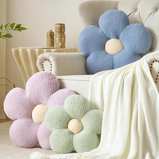 Flower Pillow, Decorative Throw Pillow for Couch, Cute Decor Pillows for Bed, Aesthetic Flower Shaped Pillow Fun Cushion (Blue, 19.6 Inches)
