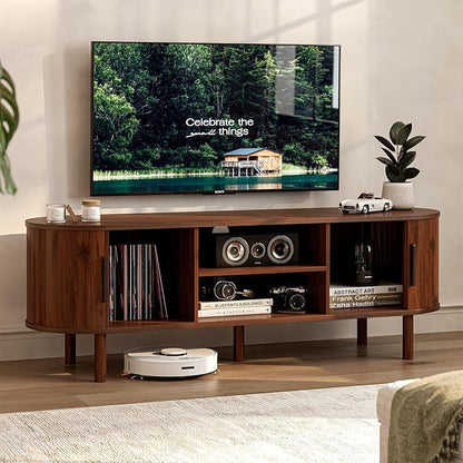 ZttRiee TV Stand for TVs up to 60 Inch, Entertainment Center with Sliding Doors and Adjustable Shelf, Modern TV Console with Storage for Living Room, Bedroom, Walnut