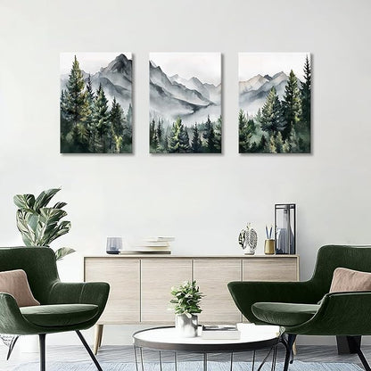 WANGTIAO 3 Panels Framed Canvas Wall Art for Living Room, Abstract Mountain Forest Views Ink Wall Decor for Dedroom Office Wall Paintings Green Landscape Art Prints Pictures Ready to Hang 20"x28"x3