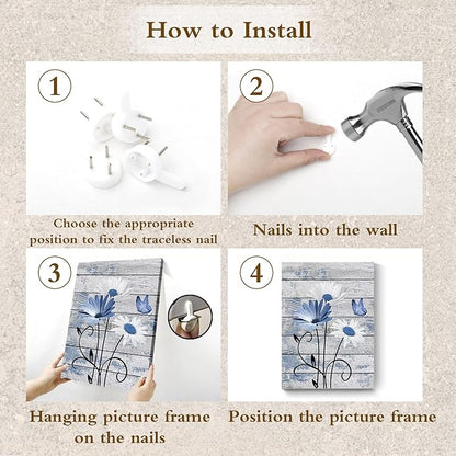 HVEST Farmhouse Floral Wall Art for Living Room, Blue and White Daisy Flower and Butterfly on Rustic Wood Board Canvas Wall Art Framed Artwork Ready to Hang for Bathroom Bedroom Decor, 16L X 12W