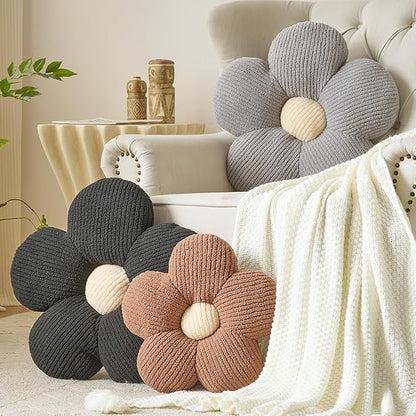 Flower Pillow, Decorative Throw Pillow for Couch, Cute Decor Pillows for Bed, Aesthetic Flower Shaped Pillow Fun Cushion (Black, 14.9 Inches)